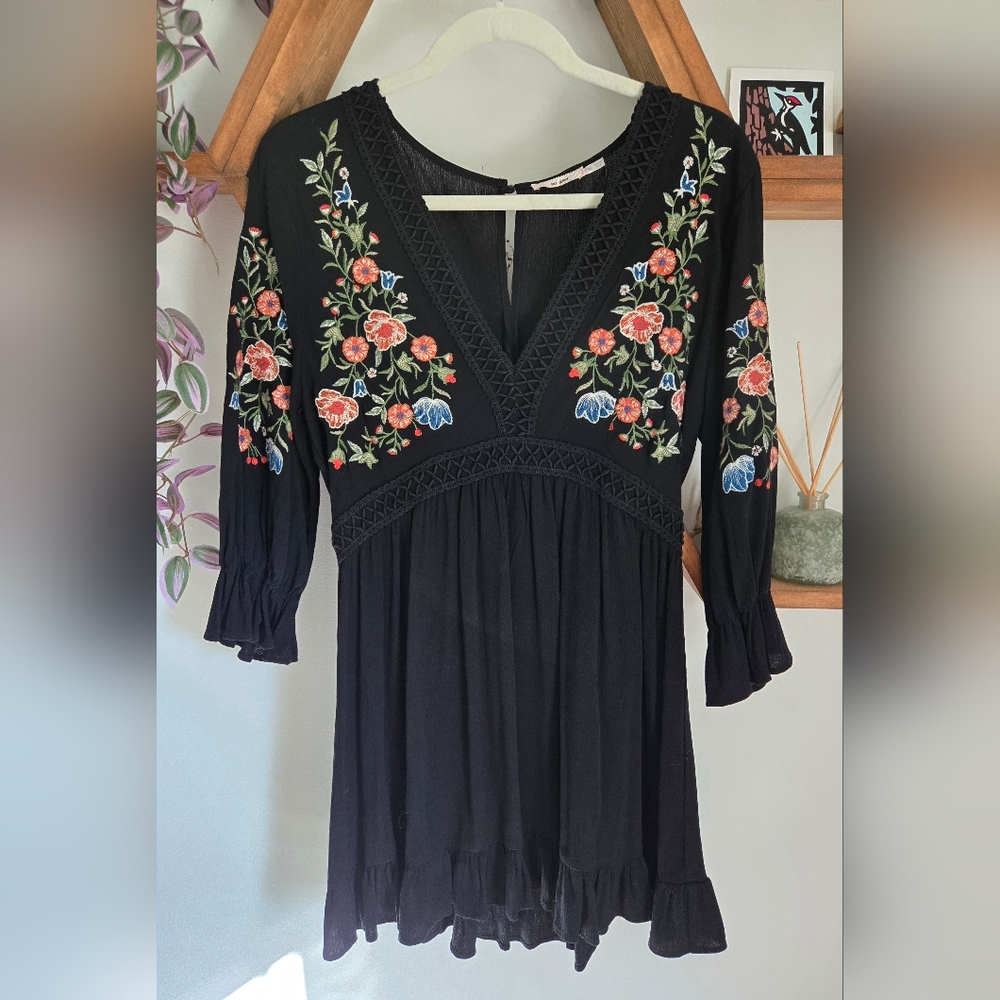 Floral Embroidered Black Dress